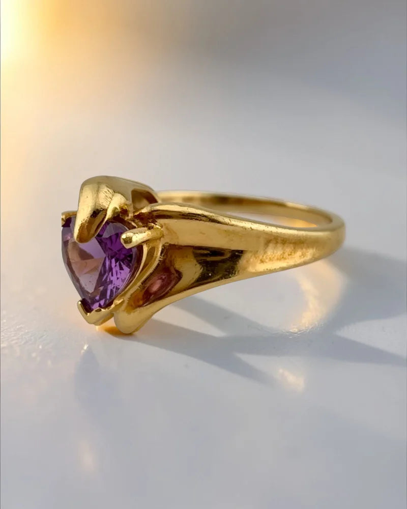 Vintage 10K Yellow Gold Heart Amethyst Ring - 10K Gold - Free shipping - 3
