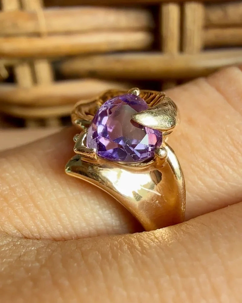 Vintage 10K Yellow Gold Heart Amethyst Ring - 10K Gold - Free shipping - 4