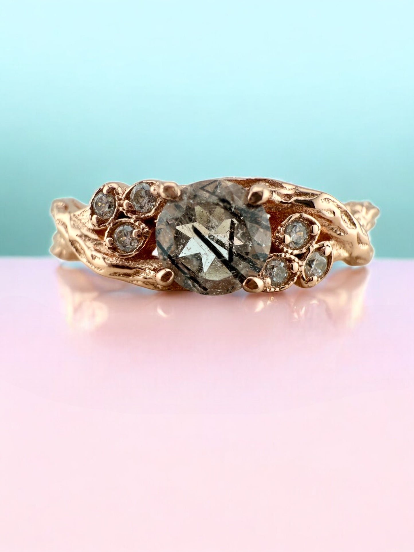 Natural Black Rutilated Quartz Rose Gold Ring