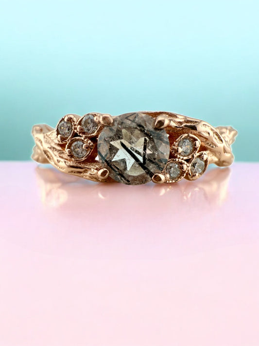 Natural Black Rutilated Quartz Rose Gold Ring