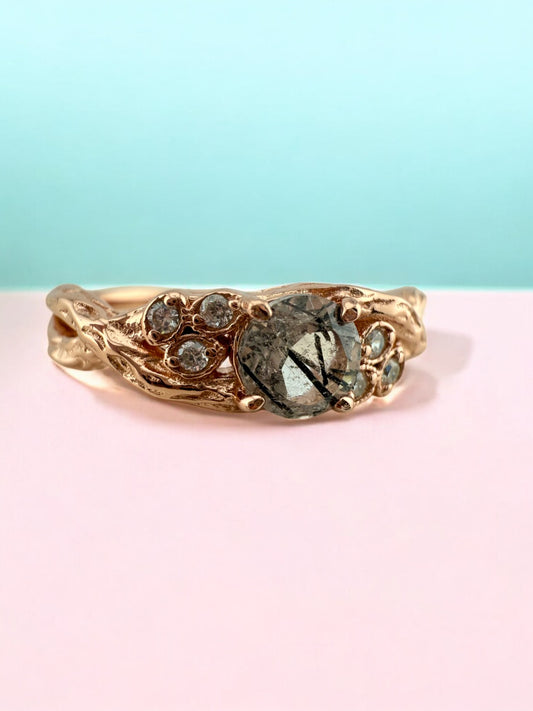 Natural Black Rutilated Quartz Rose Gold Ring