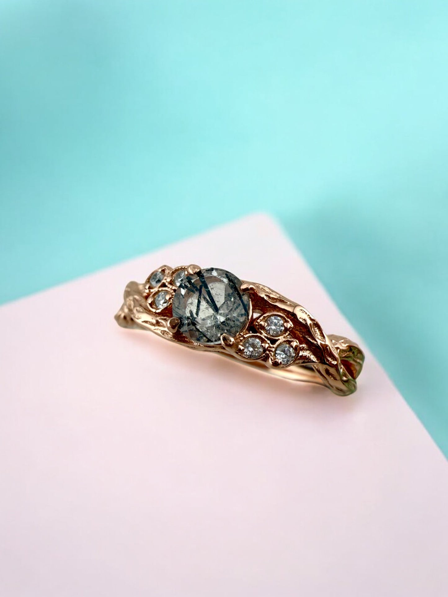 Natural Black Rutilated Quartz Rose Gold Ring