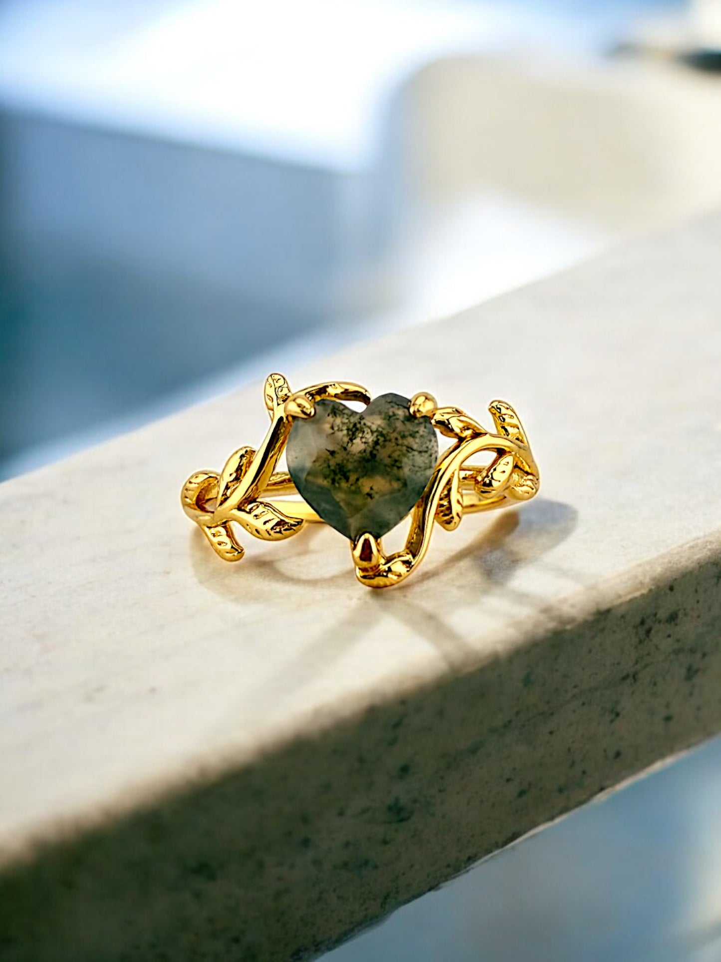 Heart Cut Natural Moss Agate Ring