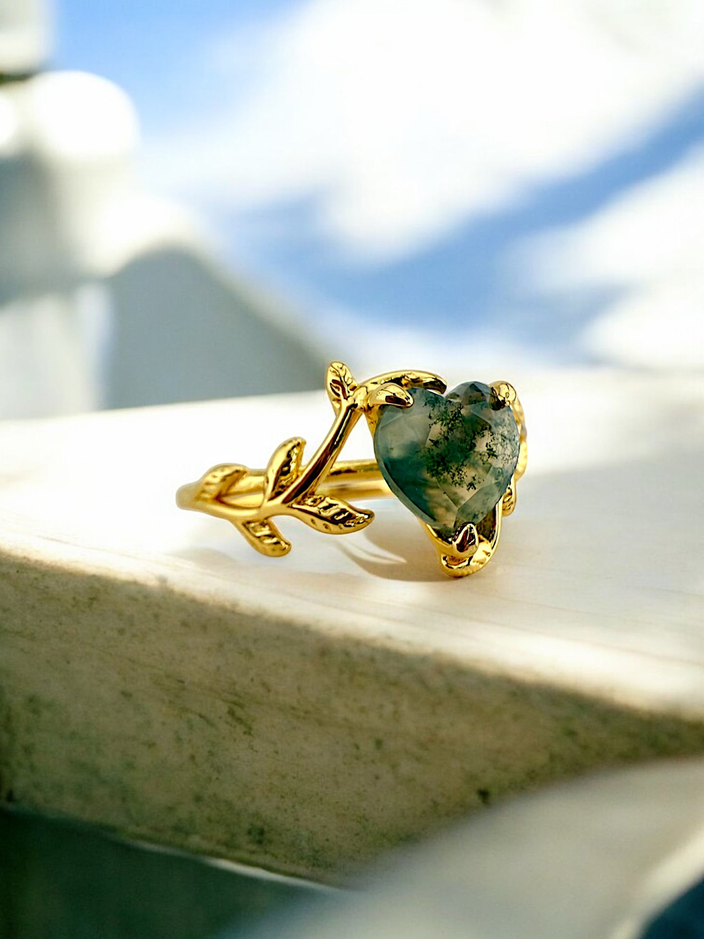 Heart Cut Natural Moss Agate Ring