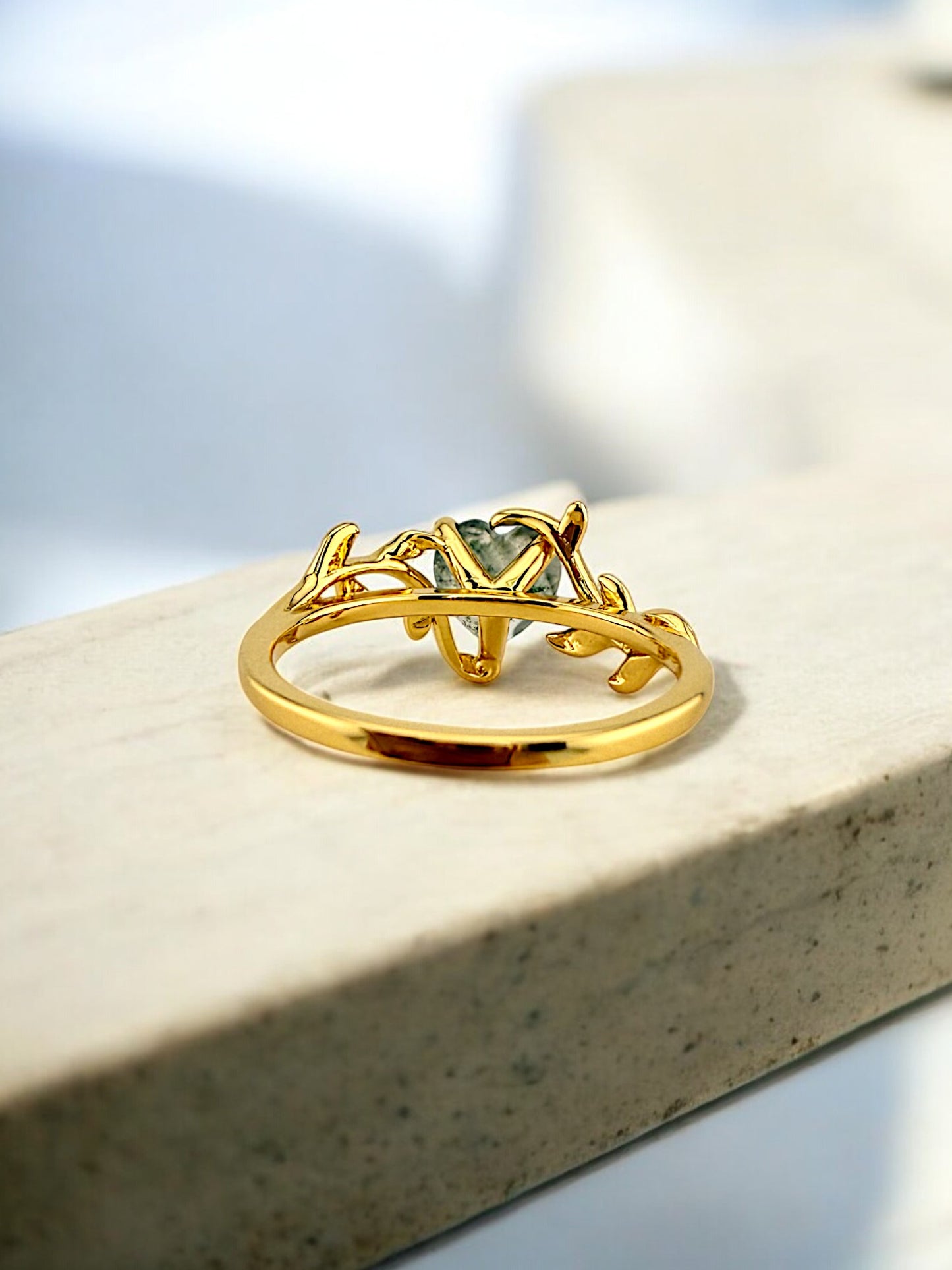 Heart Cut Natural Moss Agate Ring