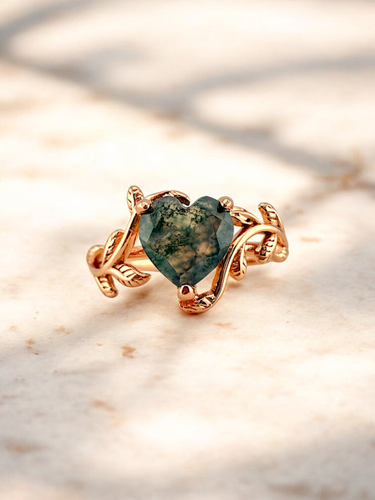 Heart Cut Natural Moss Agate Rose Gold Ring
