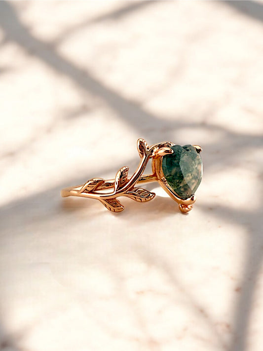 Heart Cut Natural Moss Agate Rose Gold Ring