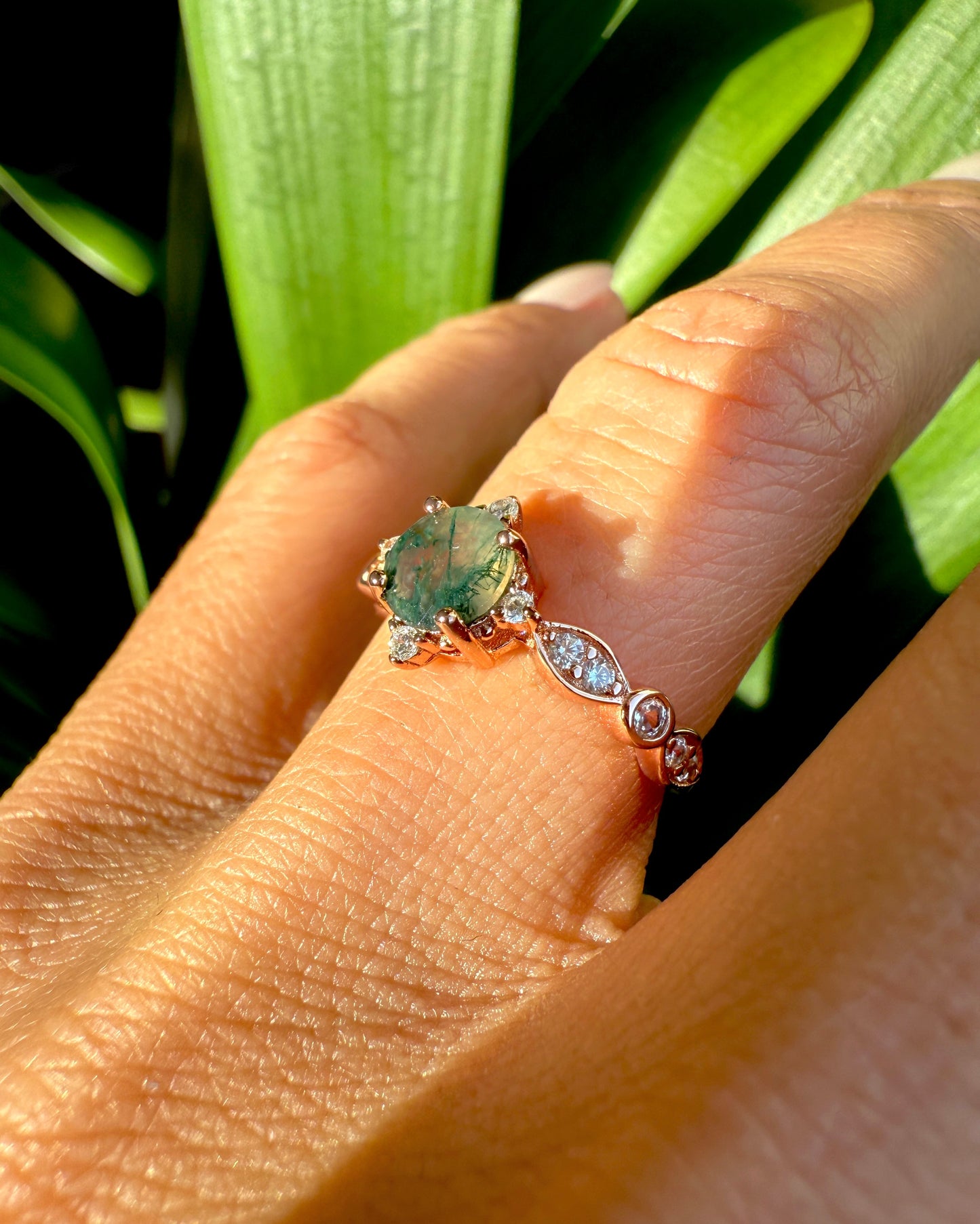 Dainty Natural Moss Agate Ring in Rose Gold
