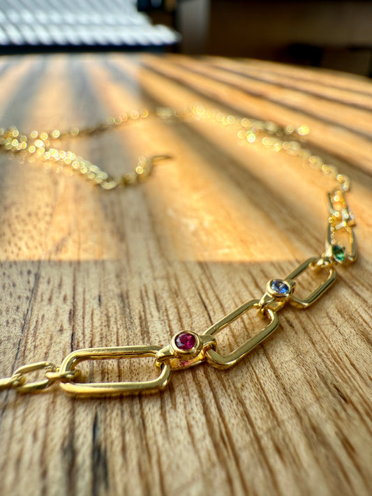 Rainbow Paperclip Necklace | Ruby, Sapphire, Emerald & Diamond
