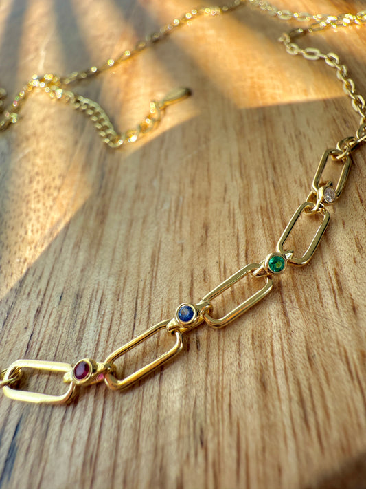 Rainbow Paperclip Necklace | Ruby, Sapphire, Emerald & Diamond
