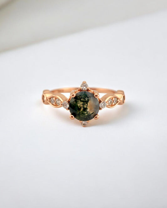Dainty Natural Moss Agate Ring in Rose Gold