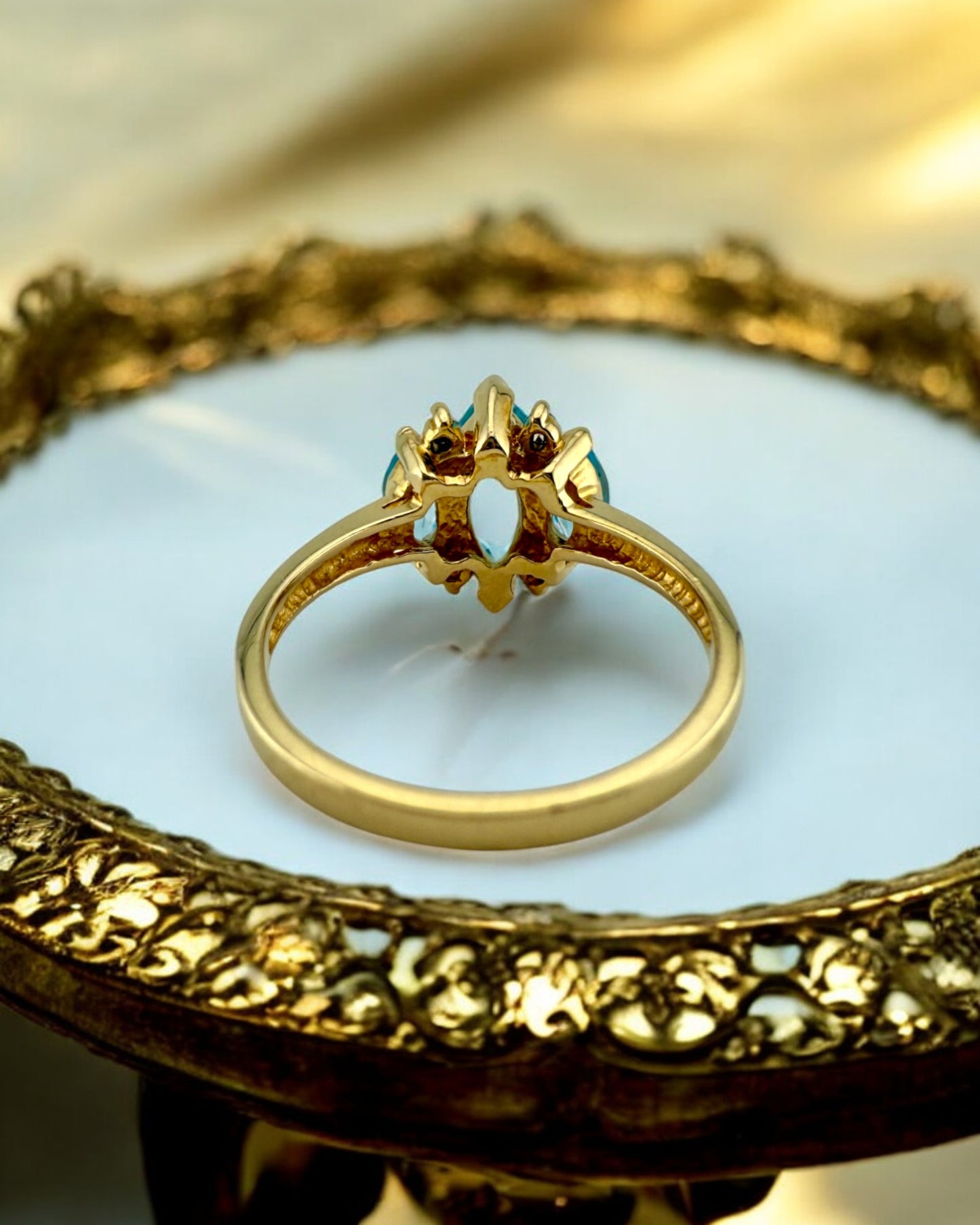 Vintage Marquise Blue Topaz Three Stone Ring