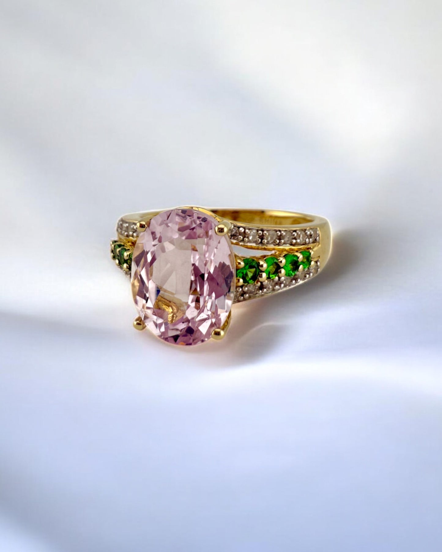 Vintage Kunzite, Tsavorite Garnet and Diamond Ring