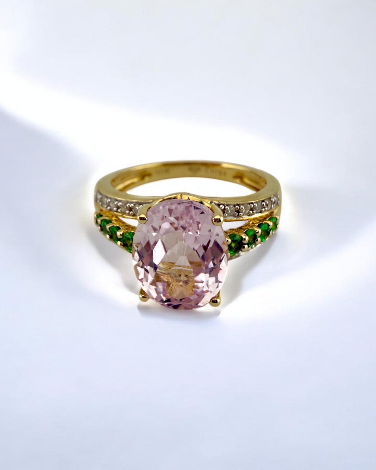 Vintage Kunzite, Tsavorite Garnet and Diamond Ring