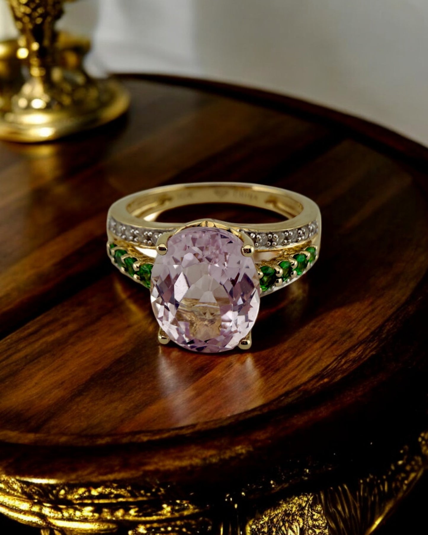 Vintage Kunzite, Tsavorite Garnet and Diamond Ring