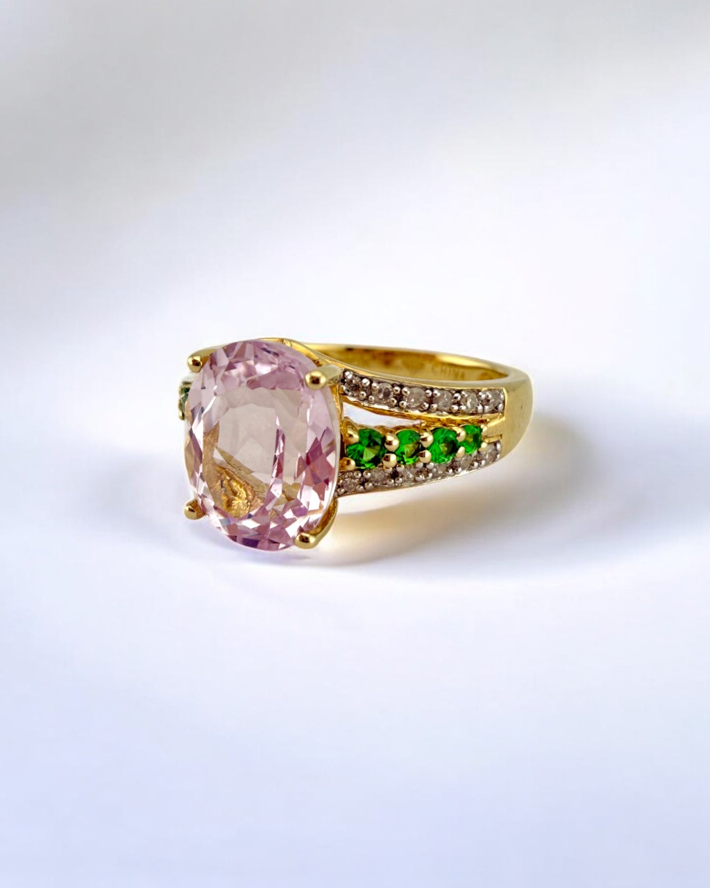 Vintage Kunzite, Tsavorite Garnet and Diamond Ring