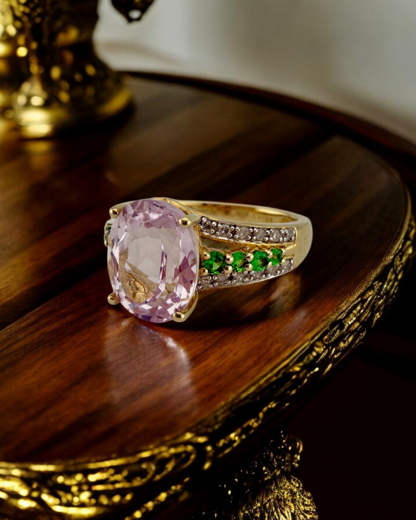 Vintage Kunzite, Tsavorite Garnet and Diamond Ring