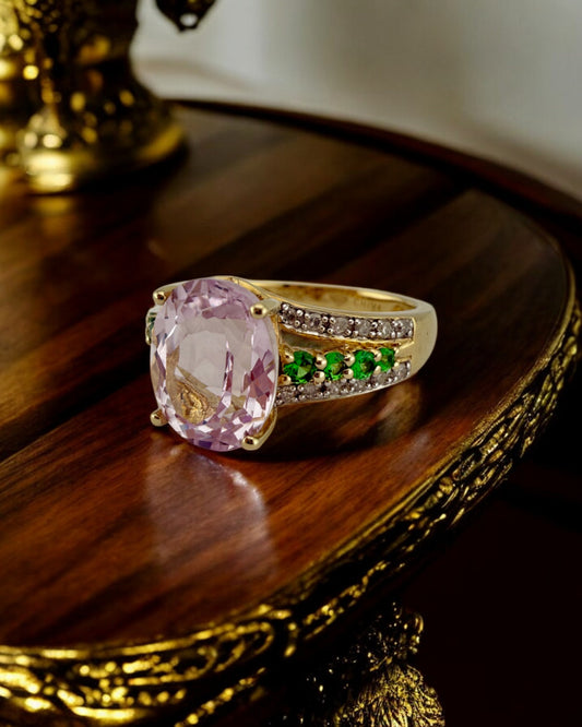 Vintage Kunzite, Tsavorite Garnet and Diamond Ring