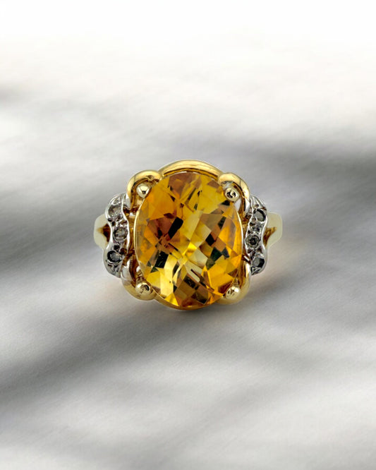 Natural Vintage Citrine and Diamond Gold Ring