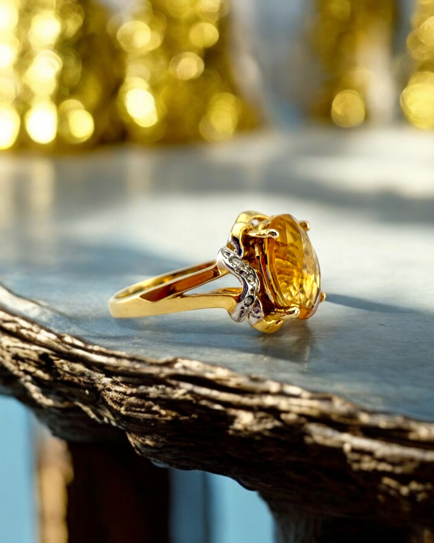Natural Vintage Citrine and Diamond Gold Ring