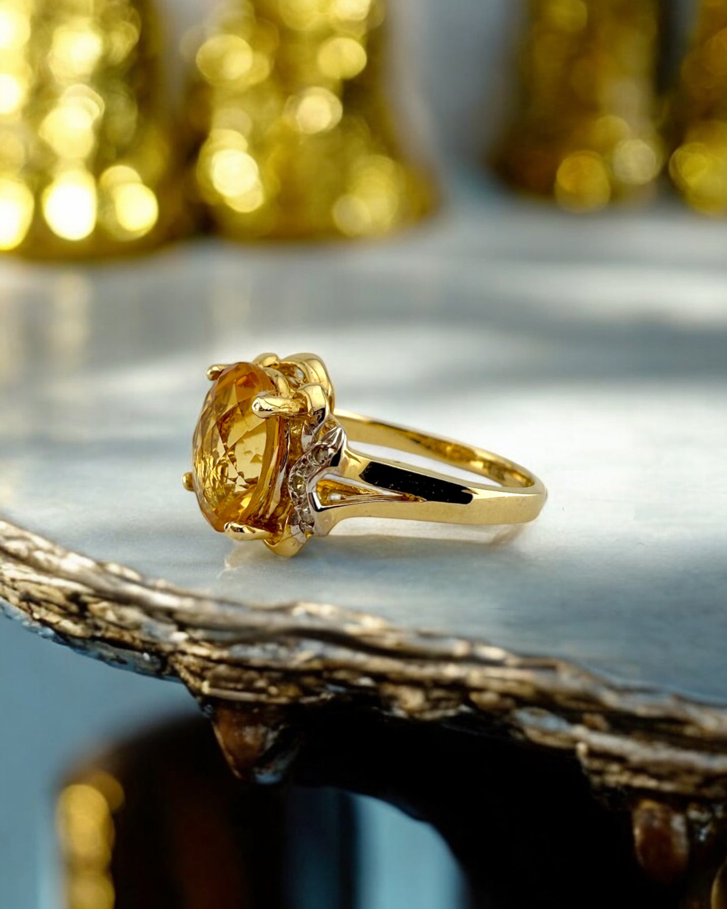 Natural Vintage Citrine and Diamond Gold Ring