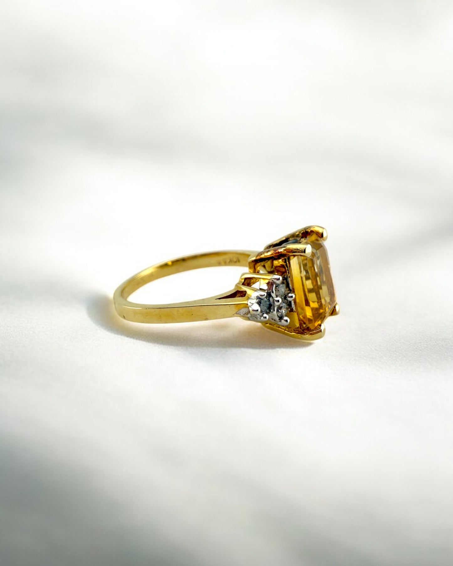 Vintage Emerald Cut Natural Citrine and Diamond Gold Ring