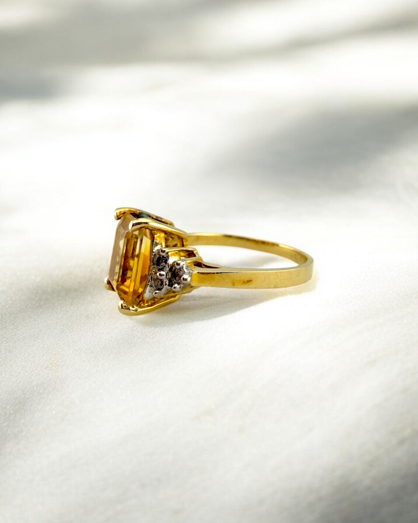 Vintage Emerald Cut Natural Citrine and Diamond Gold Ring