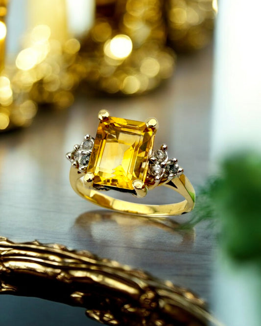 Vintage Emerald Cut Natural Citrine and Diamond Gold Ring