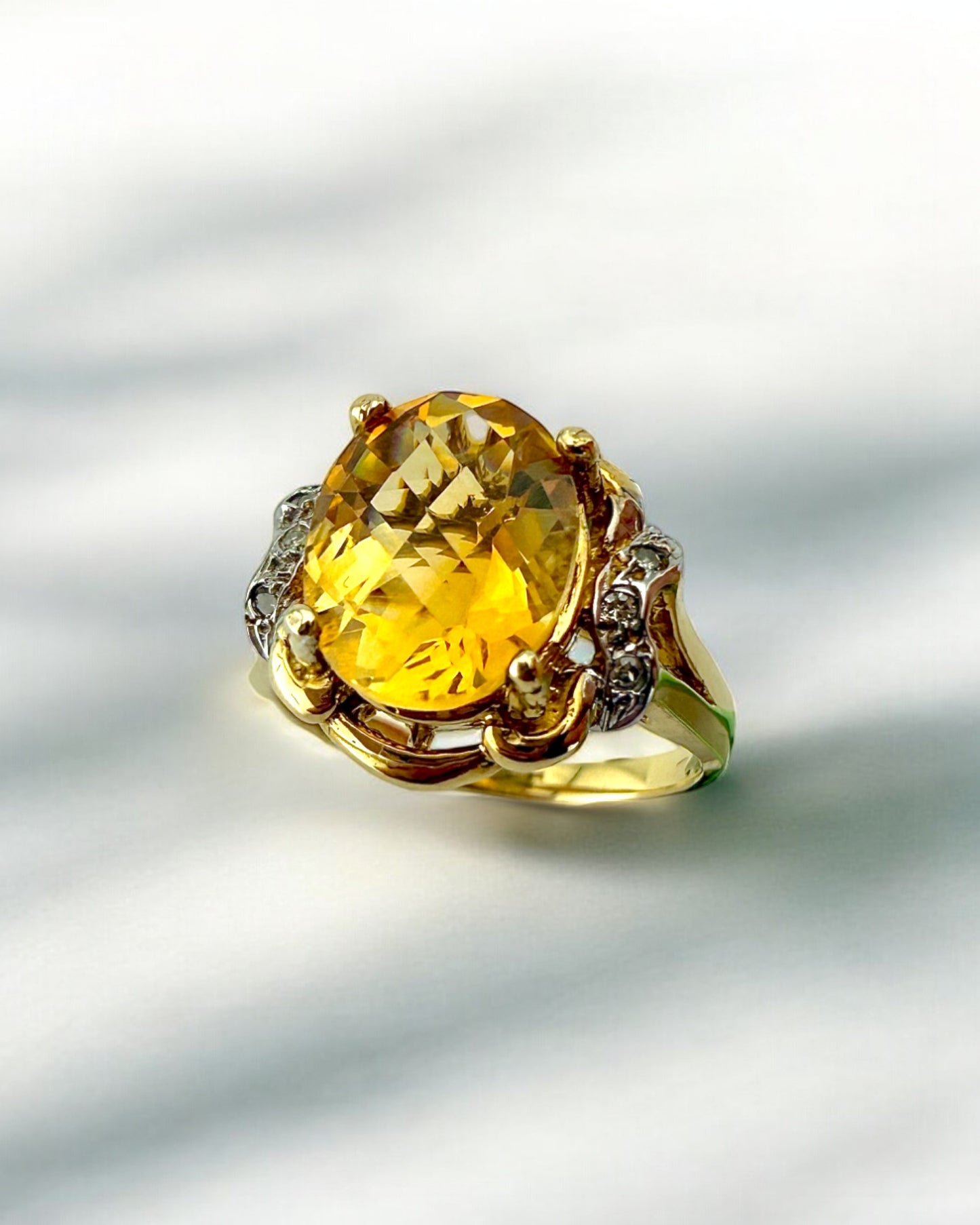 Natural Vintage Citrine and Diamond Gold Ring
