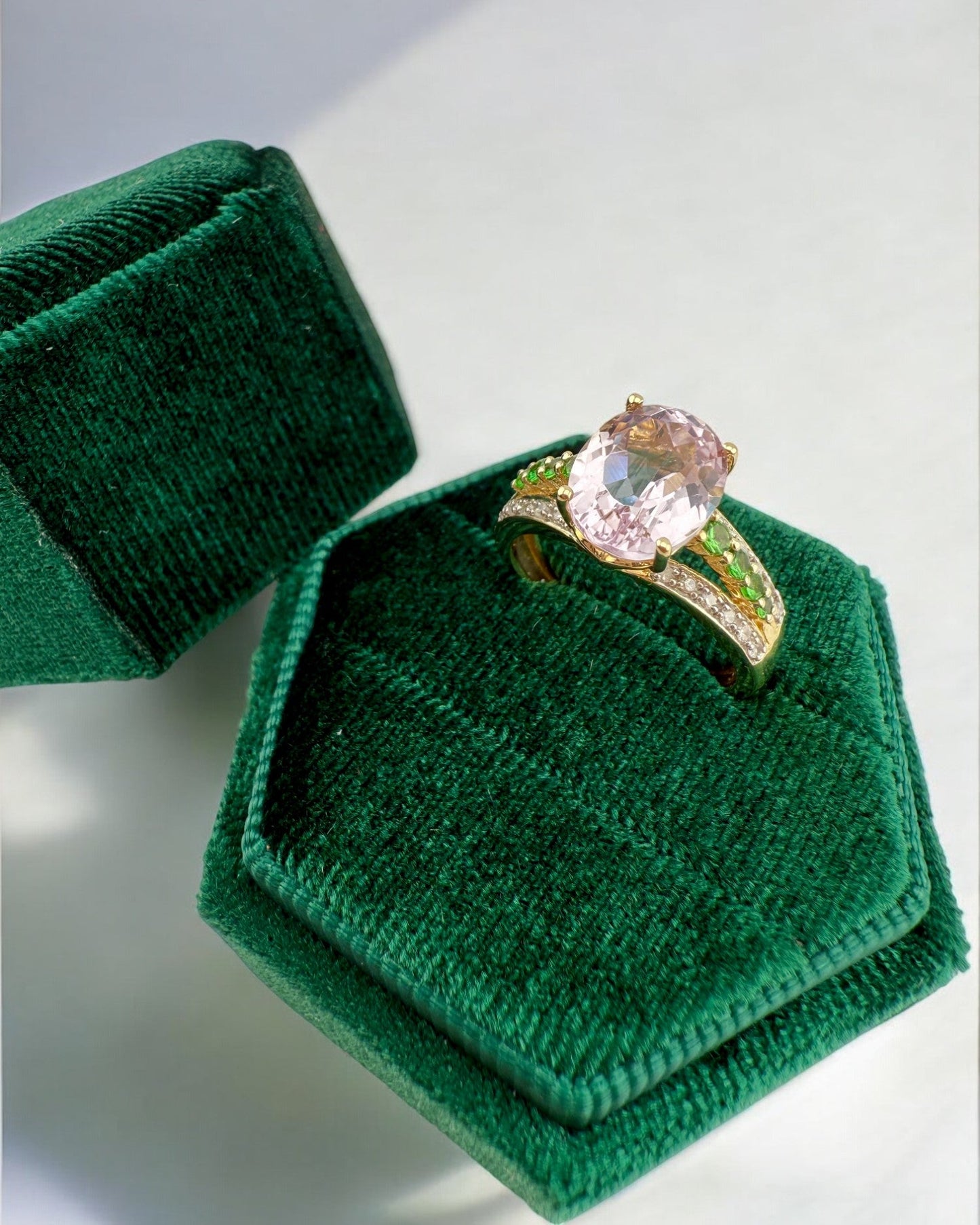 Vintage Kunzite, Tsavorite Garnet and Diamond Ring
