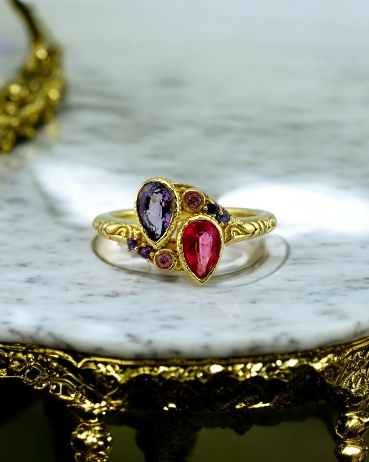 Amethyst and Pink Topaz Toi et Moi Ring