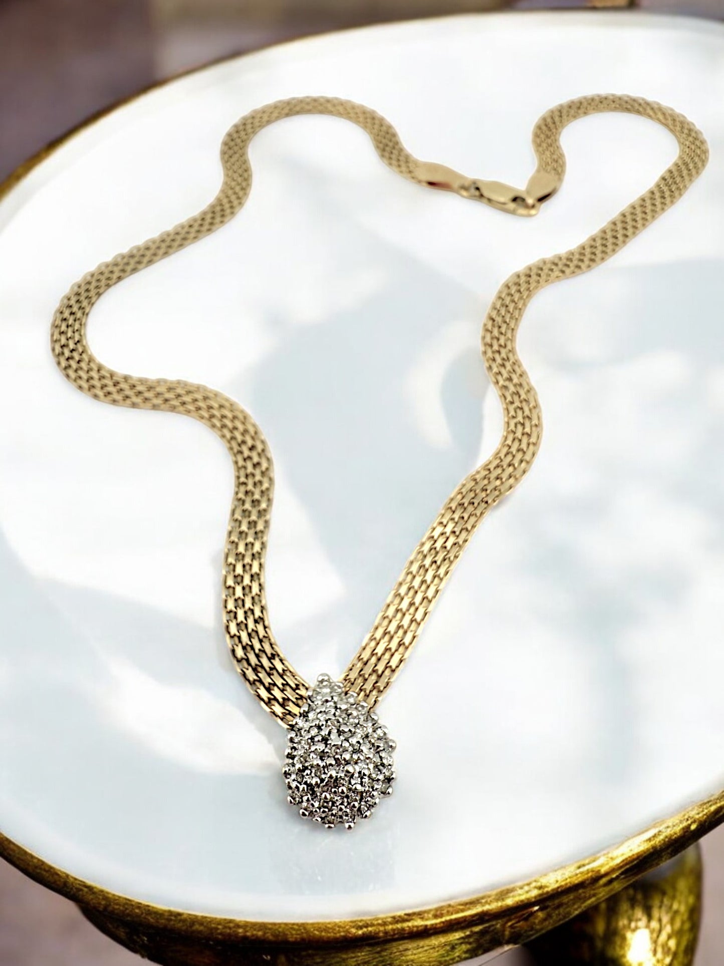 Vintage Gold Mesh Necklace with Natural Diamond Cluster Pendant
