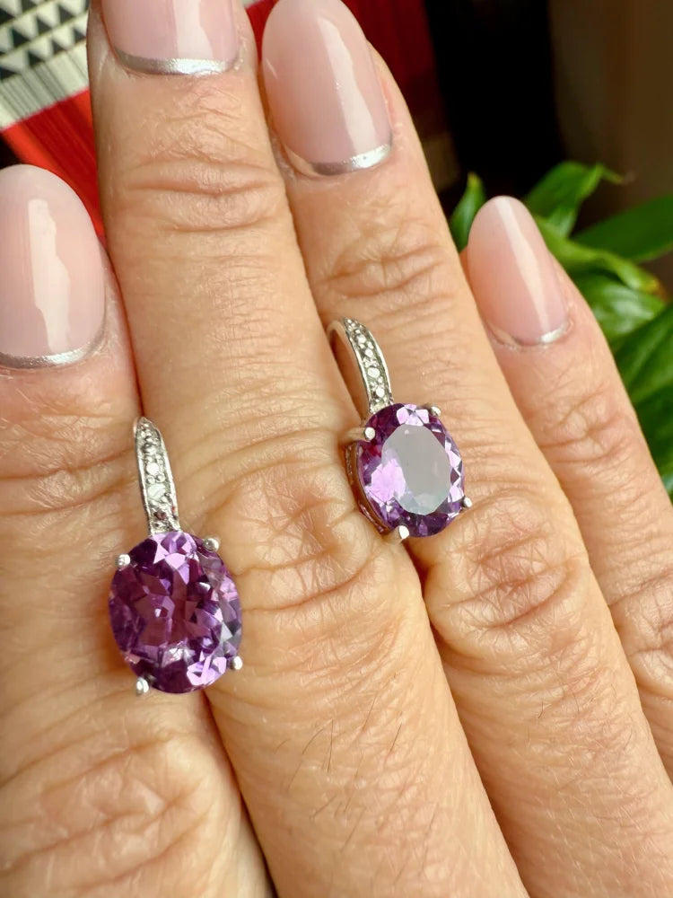 Amethyst and Diamond Earrings in Sterling Silver with Oval Main Stone - Sterling Silver - Free shipping - 5