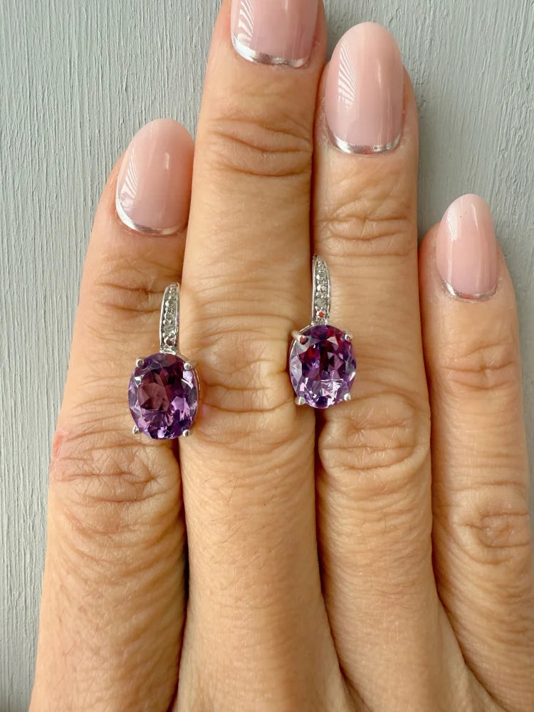 Amethyst and Diamond Earrings in Sterling Silver with Oval Main Stone - Sterling Silver - Free shipping - 6