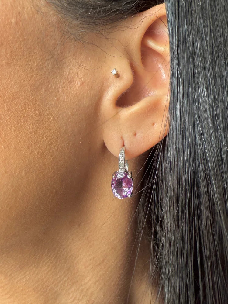 Amethyst and Diamond Earrings in Sterling Silver with Oval Main Stone - Sterling Silver - Free shipping - 4