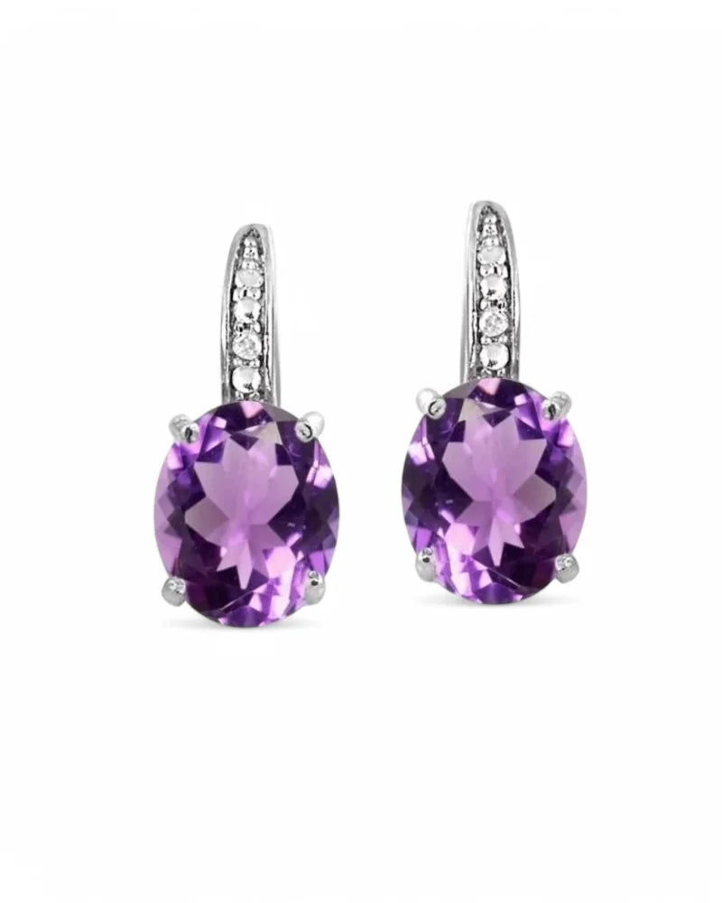 Amethyst and Diamond Earrings in Sterling Silver with Oval Main Stone - Sterling Silver - Free shipping - 1