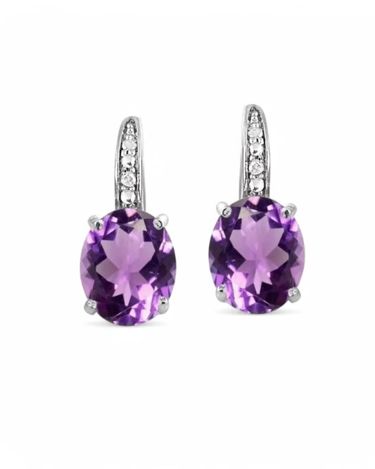 Amethyst and Diamond Earrings in Sterling Silver with Oval Main Stone - Sterling Silver - Free shipping - 1