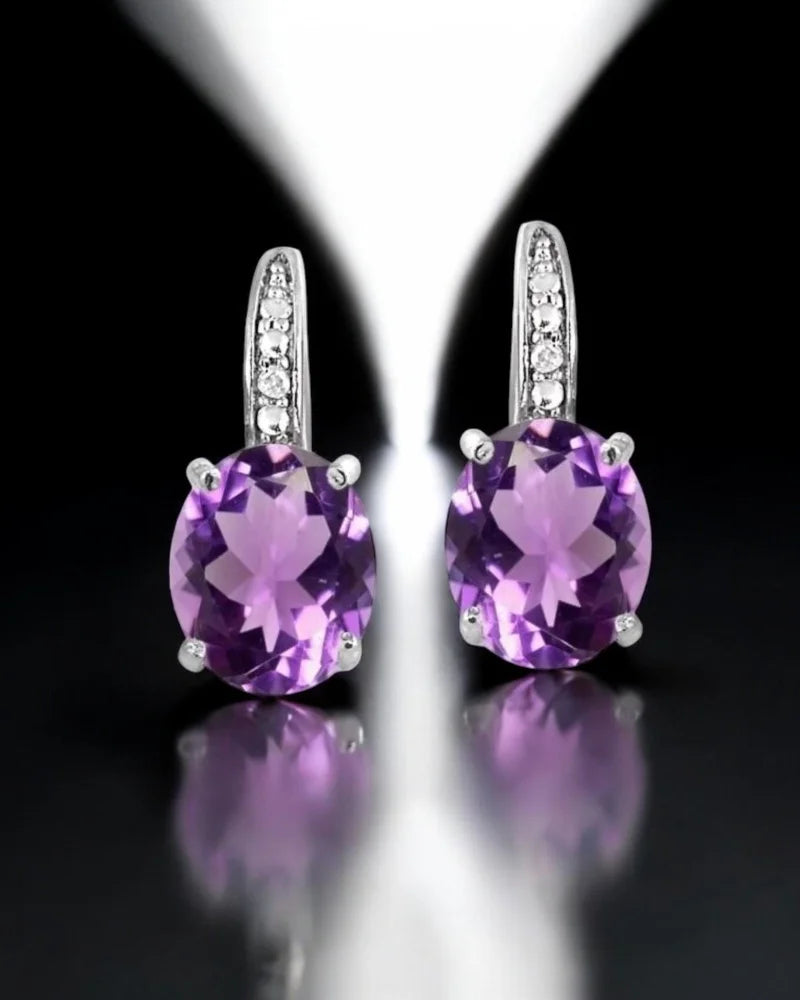 Amethyst and Diamond Earrings in Sterling Silver with Oval Main Stone - Sterling Silver - Free shipping - 2