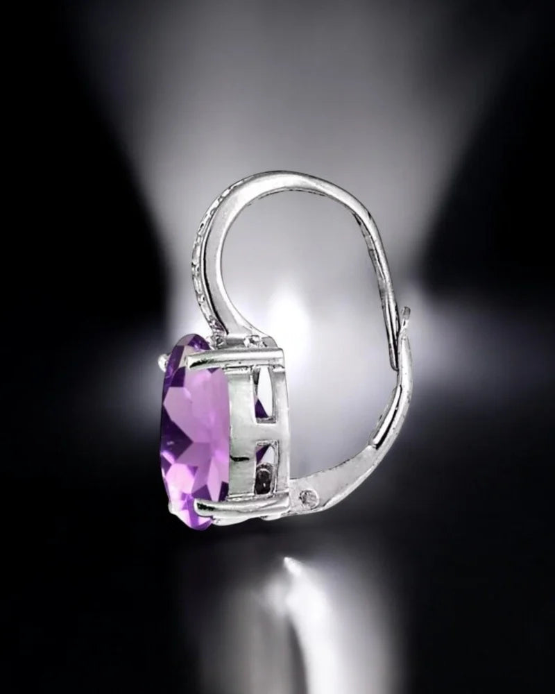Amethyst and Diamond Earrings in Sterling Silver with Oval Main Stone - Sterling Silver - Free shipping - 3