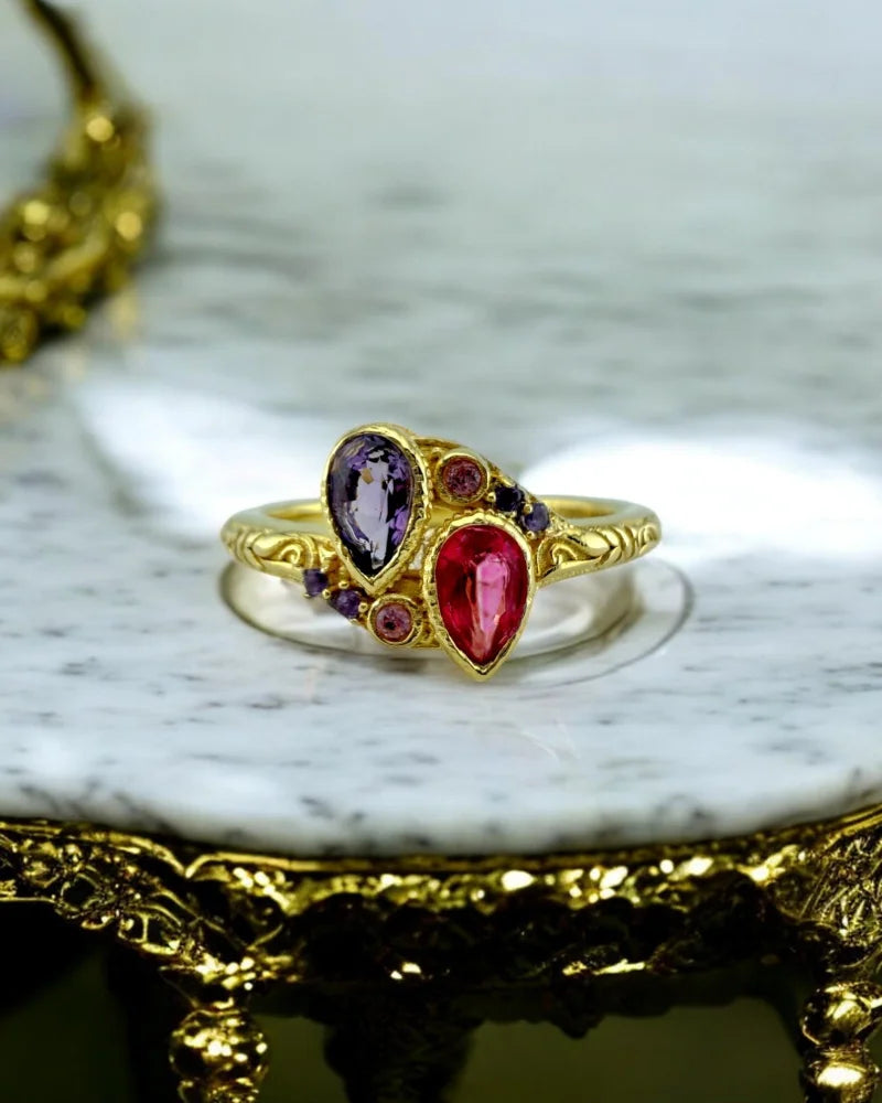 Amethyst and Pink Topaz Toi et Moi Ring - 6 - SS925 14K Gold Vermeil - Free shipping - 1