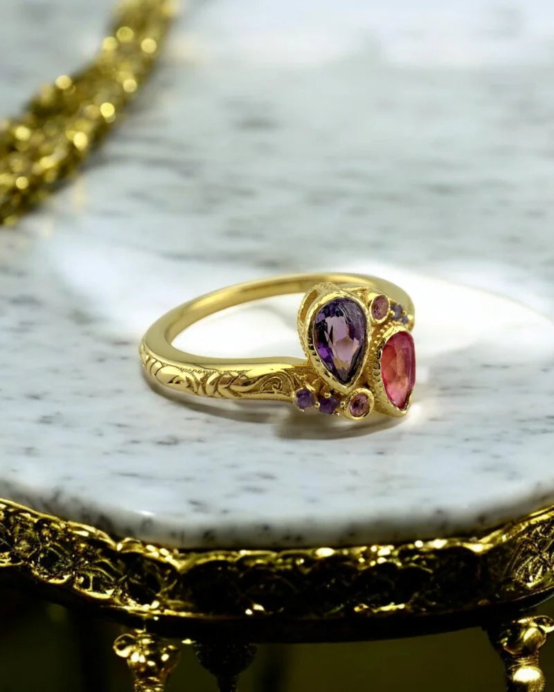 Amethyst and Pink Topaz Toi et Moi Ring - 6 - SS925 14K Gold Vermeil - Free shipping - 3