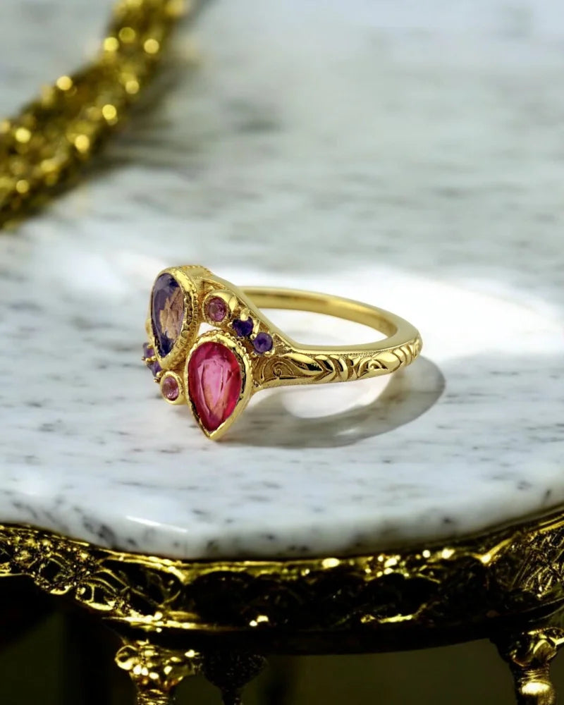 Amethyst and Pink Topaz Toi et Moi Ring - 6 - SS925 14K Gold Vermeil - Free shipping - 7