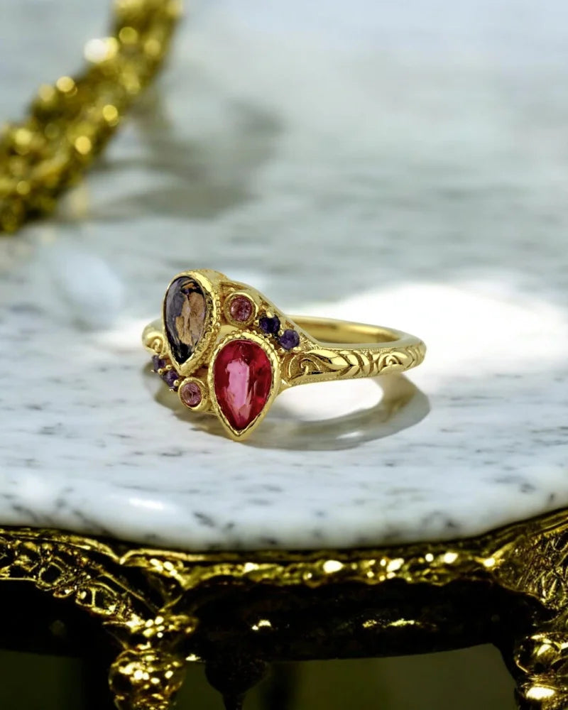 Amethyst and Pink Topaz Toi et Moi Ring - 6 - SS925 14K Gold Vermeil - Free shipping - 5