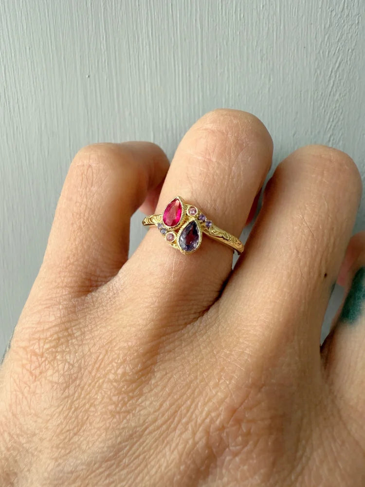 Amethyst and Pink Topaz Toi et Moi Ring - 6 - SS925 14K Gold Vermeil - Free shipping - 4