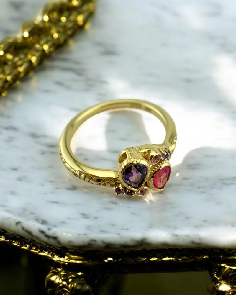 Amethyst and Pink Topaz Toi et Moi Ring - 6 - SS925 14K Gold Vermeil - Free shipping - 6