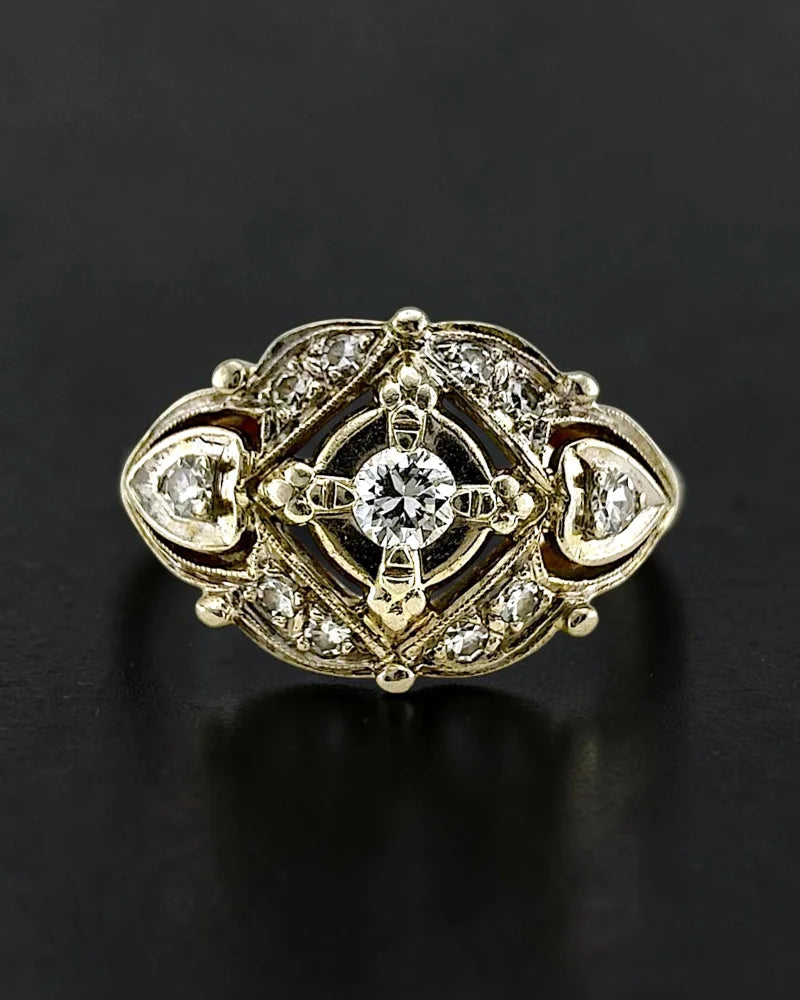 Antique Art Deco 14K Yellow and White Gold Diamond Ring - 14K Solid Gold - Free shipping - 1