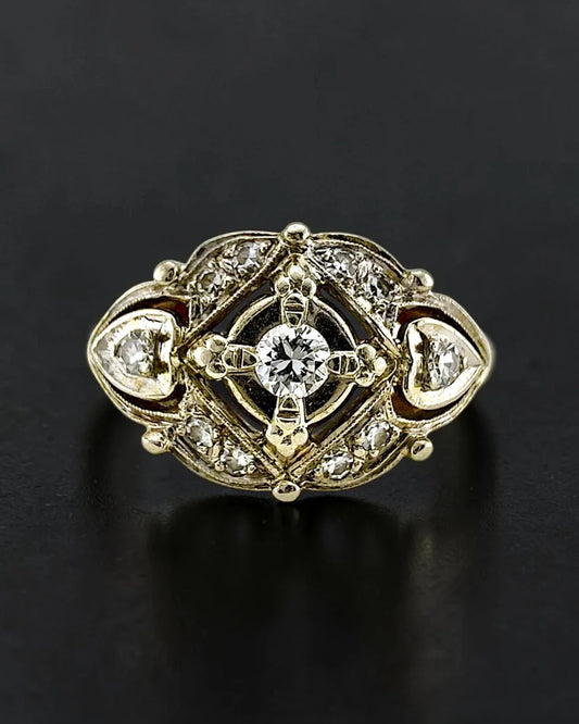 Antique Art Deco 14K Yellow and White Gold Diamond Ring - 14K Solid Gold - Free shipping - 1