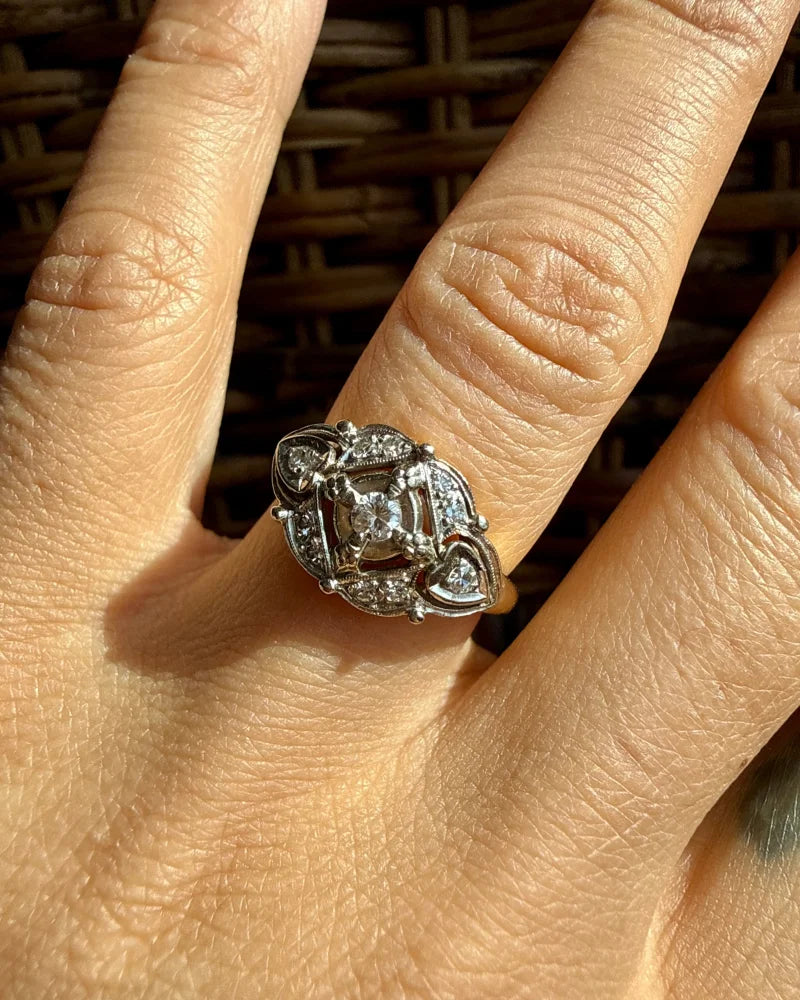 Antique Art Deco 14K Yellow and White Gold Diamond Ring - 14K Solid Gold - Free shipping - 2