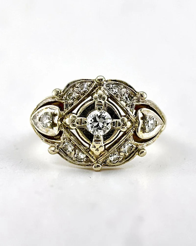 Antique Art Deco 14K Yellow and White Gold Diamond Ring - 14K Solid Gold - Free shipping - 3