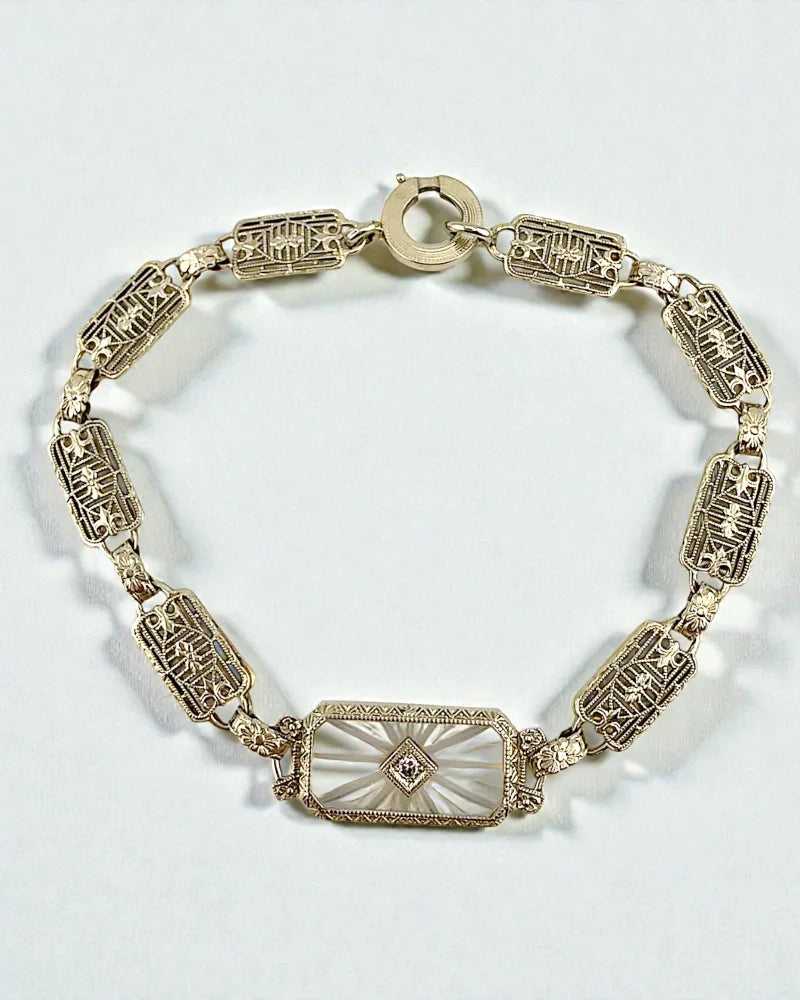 Art Deco 14K White Gold Filigree Bracelet Camphor Glass & Diamond - 14K White Gold - Free shipping - 5